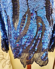 Vintage Oleg Cassini Black Tie Blue Sequin Flame Top XL Silk Beaded Trophy…
