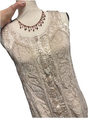 Vtg Boho Embroidered Button Front Tie Back Mini Dress Tan Beige One size Hippy