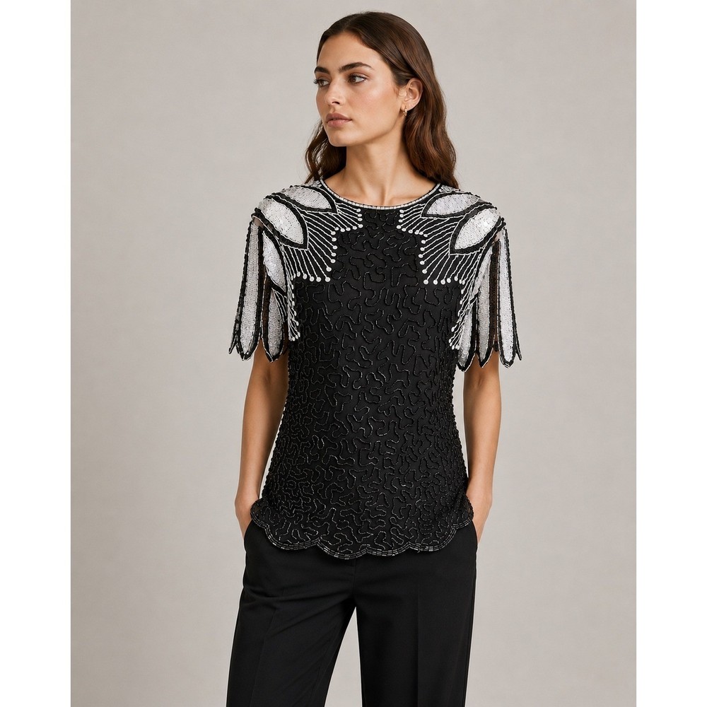 Stenay 100% Silk Beaded Sequin Black White Top Womens 14 Vintage Evening Blouse