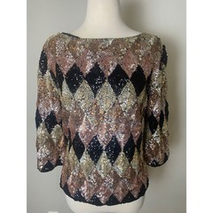 Vintage Harlequin Sequin Top Gold Bronze Black Diamond Pattern Evening Blouse