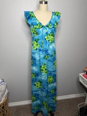 VTG 7Os POMARE Hawaiian Maxi Long Dress Sz M 12 Blues and Greens