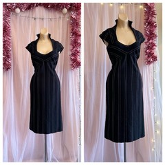 Vintage Y2K 2000s Striped Pencil Midi Dress Black White Pinstripes Bodycon S/M