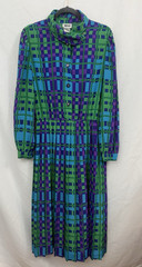 VTG 80s Leslie Fay Secretary Dress Sz 12 Long Sleeve Pleated Midi Blue Green