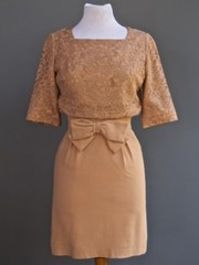 VTG 60s Pin Up Bombshell Party Cocktail Dress Lace Bodice Bow In Front XS S
