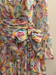 VINTAGE 80’S MISS ELLIETTE WOMENS PASTEL WATERCOLOR CHIFFON DRESS XS RUCHED BOW