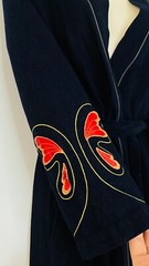 Vintage 1970s long black robe embroidered red butterfly wrap sleeve velvet dress