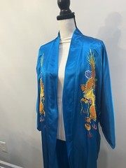 VTG EUC Golden Deer Blue Satin Robe with Dragon Embroidery pure silk SZ M