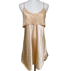 Vintage Romance Du Jour Nightgown Womens L Gold Lace Trim Satin Chemise Slip