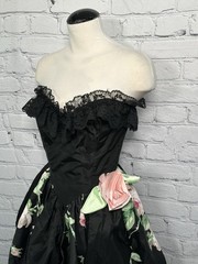 VTG 80s Victorian Lace Taffeta Prom Dress Pink Blk Roses Ruched Strapless XXS