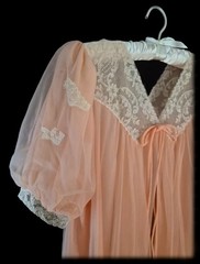 Vintage 60s SAKS FIFTH AVE Peachy PINK Sheer CHIFFON Robe NYLON Babydoll ~ M/L