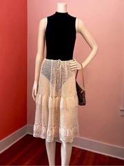 VTG 70s Crochet Midi Skirt Boho Festival Beach Cover Up Ivory Cotton Drawstring