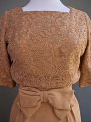 VTG 60s Pin Up Bombshell Party Cocktail Dress Lace Bodice Bow In Front XS S