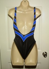 VTG 80s 1-Piece Black & Blue Chevron Stripe Swimsuit XXS Avon Fashions Deadstock