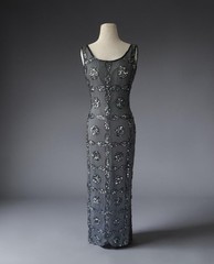 Vtg 90s Scala 100% Silk Gray Beaded Sequin Evening Gown Sz M Prom Y2k