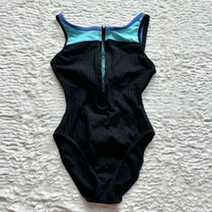 90’s Vintage Speedo Front Zip One Piece Swimsuit Size 10 Black Blue Colorblock