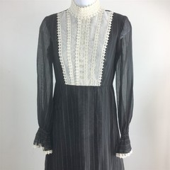 Vtg Saks Fifth Avenue Dress Black Pinstripe High Neck Bib Front LS Maxi XS-S