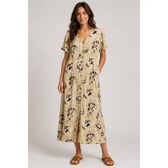 Beth & Me Vintage 90s Floral Rayon Button Down Midi Dress Tan Brown Womens Small