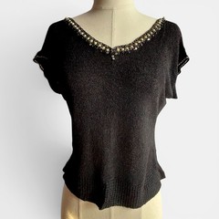 Vintage 1950s Stylebest Rockabilly Black Rayon Boucle Pullover Beaded V Neck Top