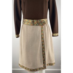 Vintage 60s/70s Homemade Brown Knit Belted Knee Length Dress Retro Trim Medium