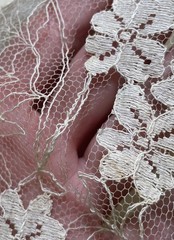 VTG 50s 60s Floral Lace Wedding Dress 34″ Bust 4 6 Full Skirt Off the Shoulder