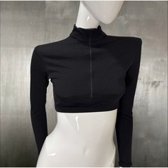 Vintage Y2K Black Zip Up Cropped Top Long Sleeve Athletic Mock Neck XS S