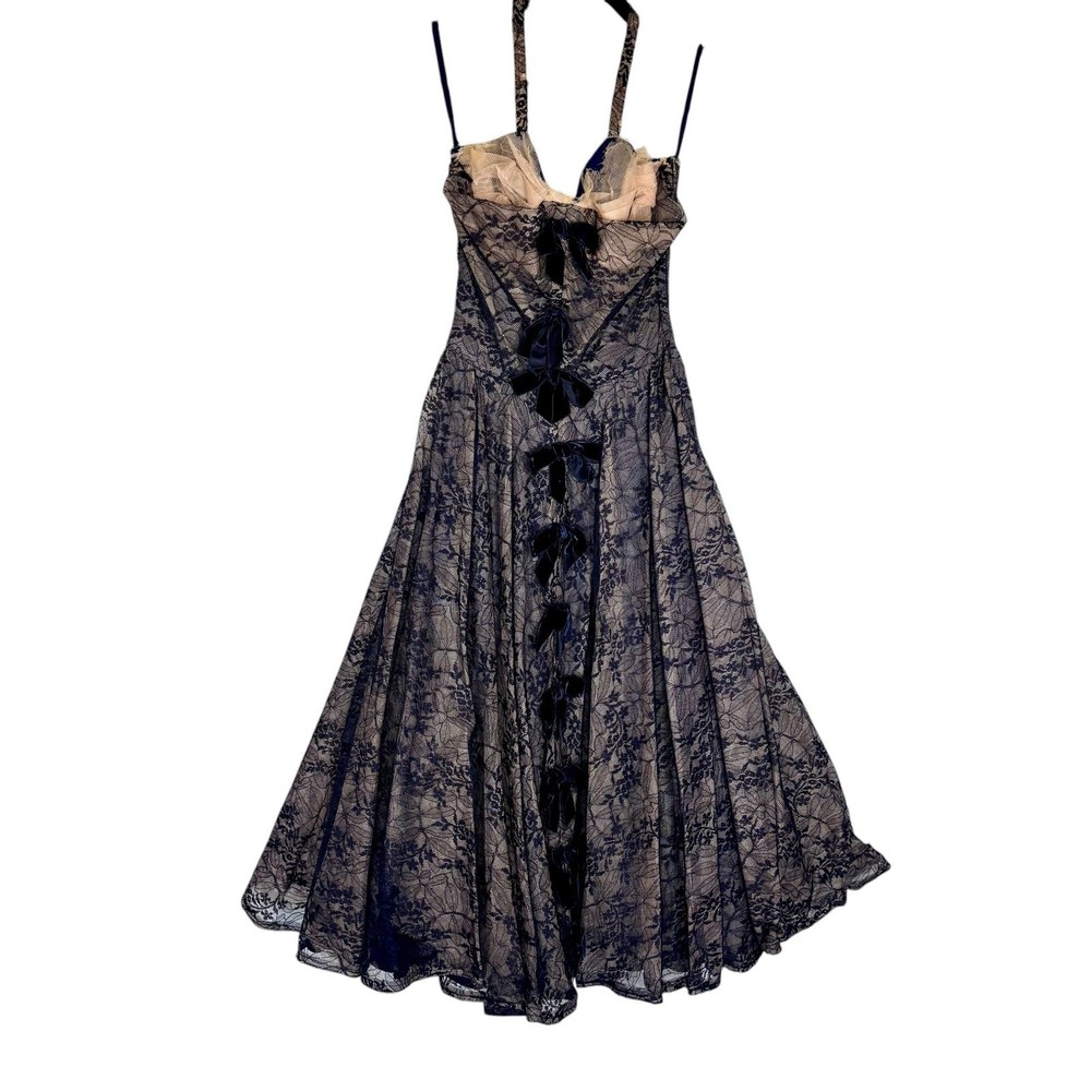 Vintage 1950s Navy Pink Floral Net Lace Tulle Halter Party Dress Velvet Bows