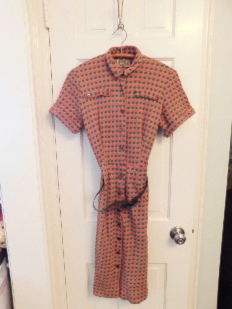 Vtg FAB Dress 60’s Button Front Bennett of Miami Brown Orange Polka Dot Belt S