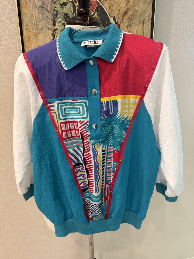 Vintage Teddi 80s 90s Colorblock Pattern Collared Bomber Jacket Small USA