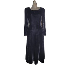 Vintage 70s 80s Crystal Trim Black Velvet Dress Maxi Long Sleeve Holiday S
