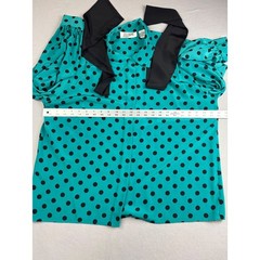 Vintage 90s Josephine Secretary Blouse Large 16 Turquoise Black Polka Dot Bow