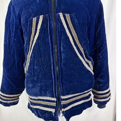 Vintage Royal Blue Velvet Puffer Jacket Hood Metallic Silver Trim, Parka, Medium