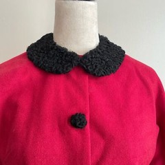 Vintage 60s Jackie O Custom Red Wool Curly Lamb Fur Trim Dress Coat Set XS 0-2