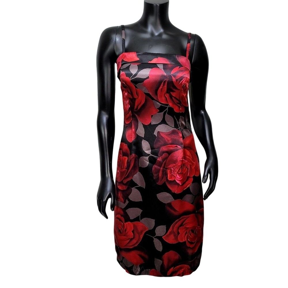 Vintage 90s Y2K La Belle Womens S Red Rose Floral Satin Wiggle Dress USA