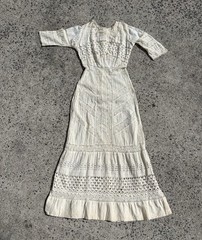 VTG Wounded 1900s Ivory Embroidered Cotton Lace Edwardian Tea Dress Size Small