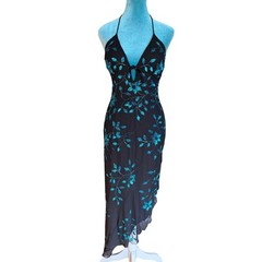 Cache Womens Silk Halter Maxi Black Teal Sequin Beaded Prom Fairy
