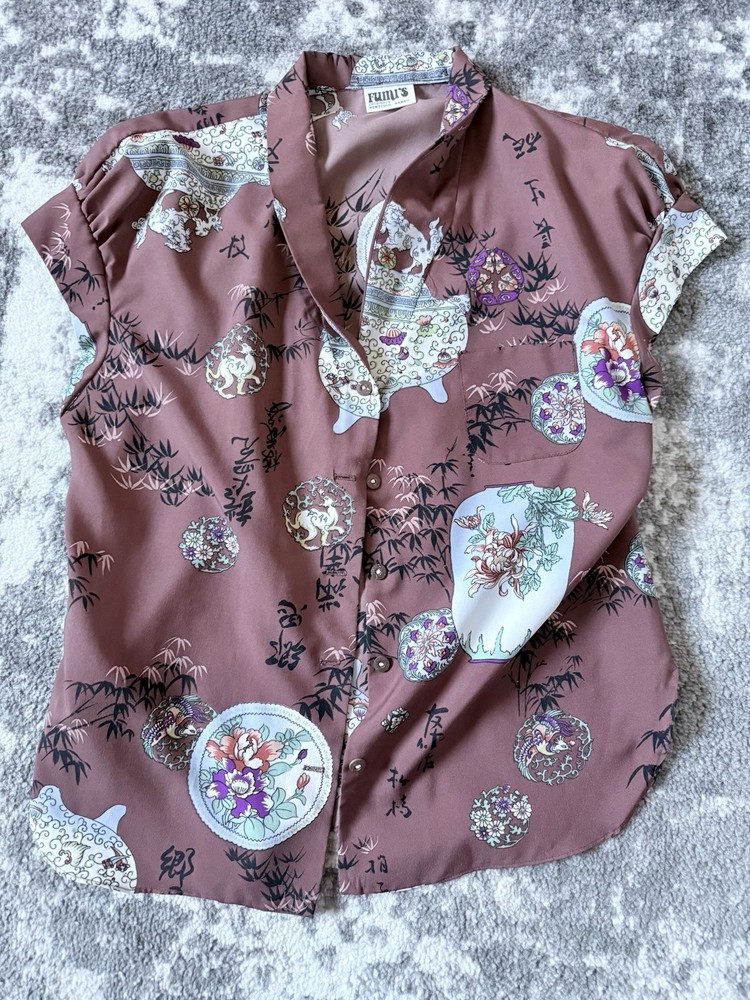 Vintage Fumi’s Originals Shirt Honolulu Hawaii Button Asian Japanese jar Bamboo