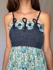Rinascimento Italy floral cotton mini dress – denim bodice & blue green print sk