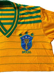 Vintage Brasil Football Shirt Womens Vneck Yellow with Green Stripes