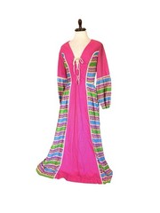 Vintage Pink Cotton Boho Maxi Dress Lace Up Folk Festival Prairie Cottagecore