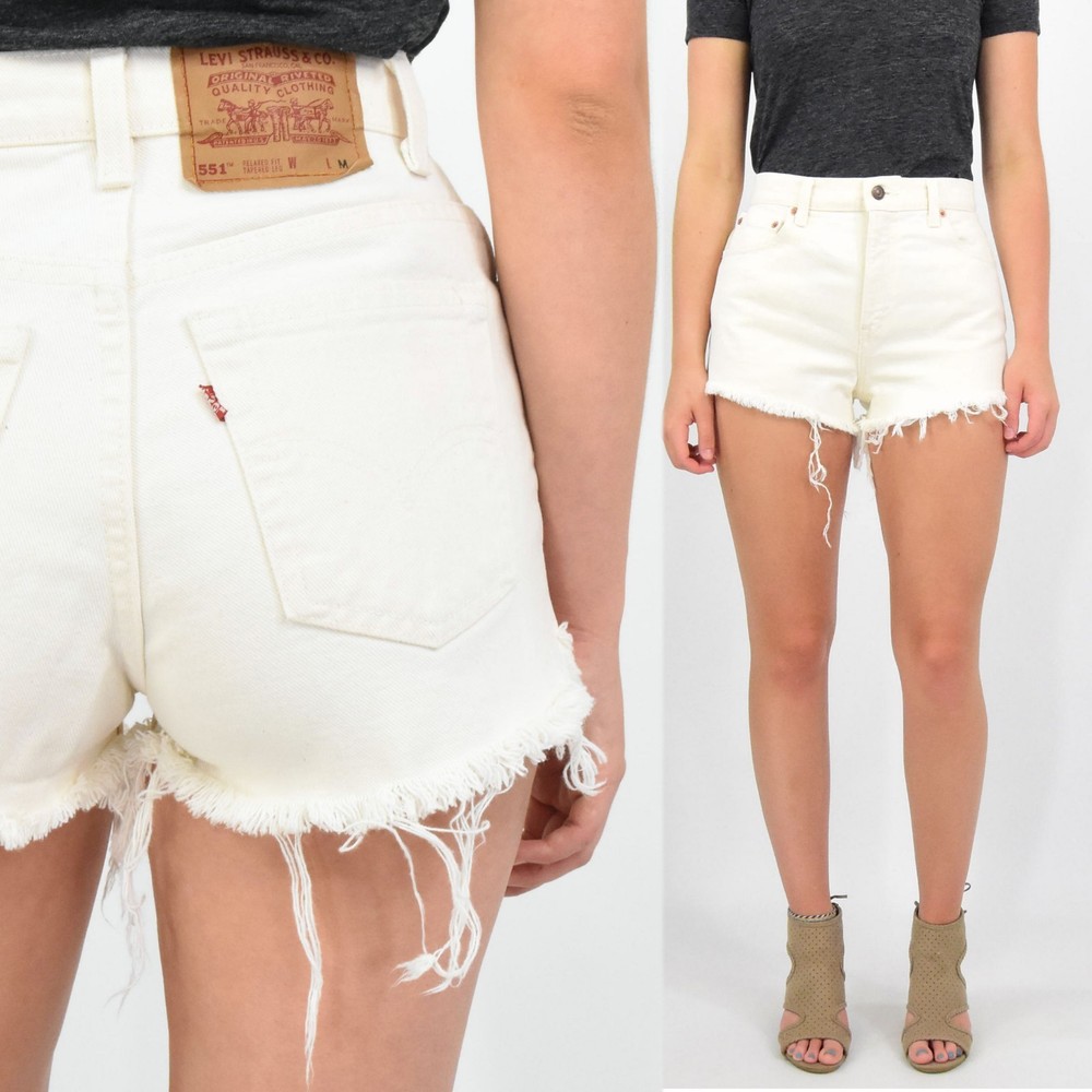 90s Vintage Womens Levis White High Waist Shorts 12 14 16 551 555 Cut Off Fringe