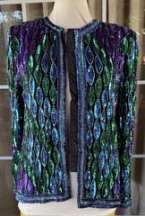 Vintage Laurence Kazar Peacock Blue Green Sequin Beaded Evening Jacket Large