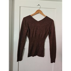 Caché Metallic Knit Top M Medium Bronze Brown Glitter Shimmer Wrap Sweater VTG
