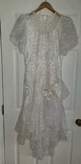 Vtg. 80s NUANCE Dress White Lace Wedding Puff Bodycon Bow Prom Party Sz. 11