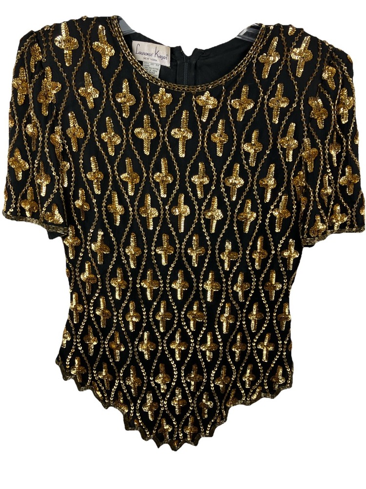 Vintage 80s Lawrence Kazar Sequin Crosses Cocktail Top Byzantine Orthodox