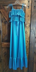 Vtg 70’s Vicky Vaughn Blue Maxi Dress Spaghetti Strap BOHO Ruffled Top *READ*