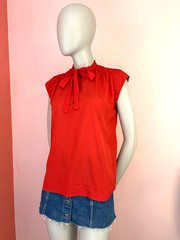 Vintage 80s Red Swiss Dot Bow Blouse Paris Chic Office Siren classic Top S M L