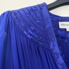 WAYNE CLARK Vtg 80s Royal Blue Chiffon Draped Dress Sz 6 Flowy Holiday Wedding