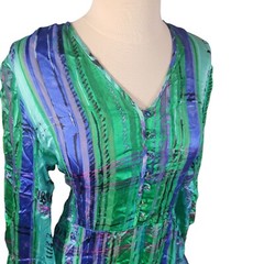 Vintage Anne Crimmins UMI 100% Silk Midi Dress Green Blue Bell Sleeve Size 8