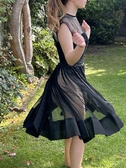 Vintage 50s M Silk Chiffon Sheer Pleated Evening Dress Sexy Full Circle
