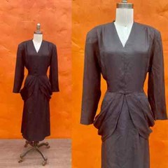 Vintage 1980s does 1940s Black Rayon Peplum Dress Pinup Party Cocktail